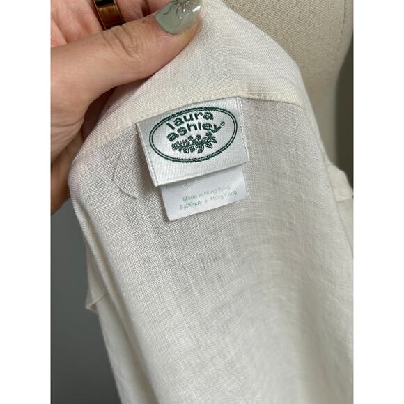 Laura Ashley Ivory Floral Stitch Short Sleeve Button Blouse Shirt 100% Linen, 4 - Picture 6 of 7